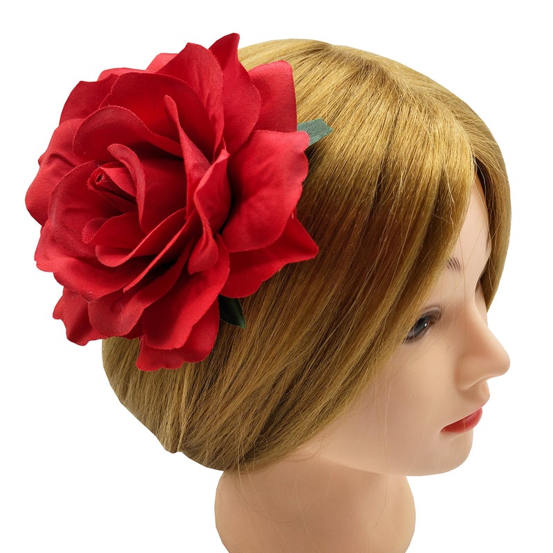 Sanrich 4pcs/pack Fabric Rose Hair Flowers Clips Mexican Hair Flowers Hairpin Brooch Headpieces (red) - Image 4